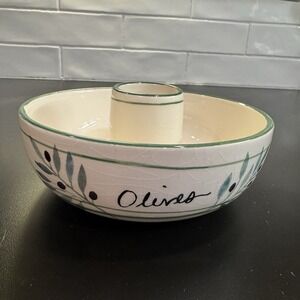 1996 Boston Warehouse OLIVES Bowl 6 1/2" Diameter with Central Toothpick Holder
